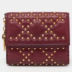 Dior Burgundy Leather Studded Lady Dior Compact Wallet