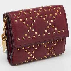 Dior Burgundy Leather Studded Lady Dior Compact Wallet