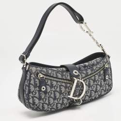 Pre Owned Dior Navy Blue Oblique Denim and Leather D Charm Shoulder Bag
