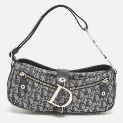 Pre Owned Dior Navy Blue Oblique Denim and Leather D Charm Shoulder Bag
