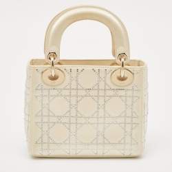 Pre Owned Dior Off White Cannage Satin Mini Crystals Embellished Lady Dior Tote