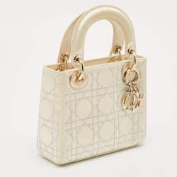 Pre Owned Dior Off White Cannage Satin Mini Crystals Embellished Lady Dior Tote