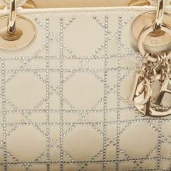 Pre Owned Dior Off White Cannage Satin Mini Crystals Embellished Lady Dior Tote