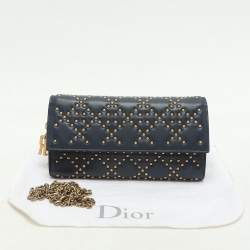 Dior Navy Blue Leather Studded Lady Dior Wallet on Chain