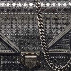 Dior Dark Grey Micro Cannage Patent Leather Diorama Wallet on Chain