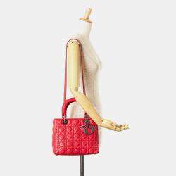 Dior Red Medium Lambskin Cannage Lady Dior