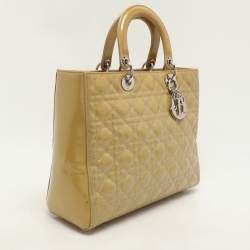 Pre Owned Dior Beige Cannage Patent Leather Large Lady Dior Tote