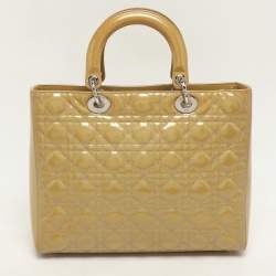 Pre Owned Dior Beige Cannage Patent Leather Large Lady Dior Tote