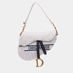 Dior White Perforated Oblique Embossed Calfskin Saddle Bag