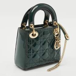 Pre Owned Dior Green Cannage Patent Leather Mini Lady Dior Tote