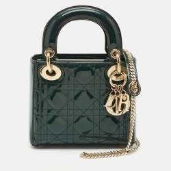 Pre Owned Dior Green Cannage Patent Leather Mini Lady Dior Tote