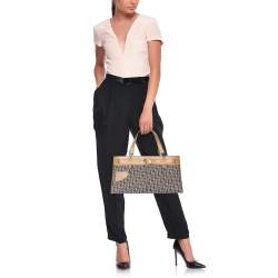 Pre Owned Dior Brown/Beige Oblique Canvas and Leather Jeans Pocket Tote