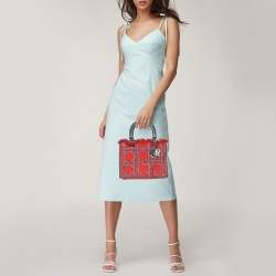 Pre Owned Dior Multicolor Croc Embossed Leather and Tweed Medium Lady Dior Tote