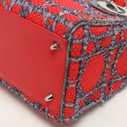 Pre Owned Dior Multicolor Croc Embossed Leather and Tweed Medium Lady Dior Tote