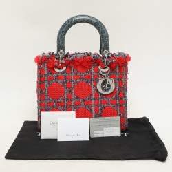 Pre Owned Dior Multicolor Croc Embossed Leather and Tweed Medium Lady Dior Tote