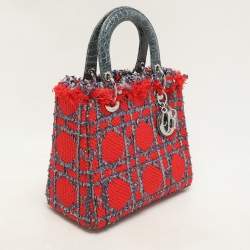 Pre Owned Dior Multicolor Croc Embossed Leather and Tweed Medium Lady Dior Tote