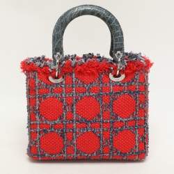 Pre Owned Dior Multicolor Croc Embossed Leather and Tweed Medium Lady Dior Tote
