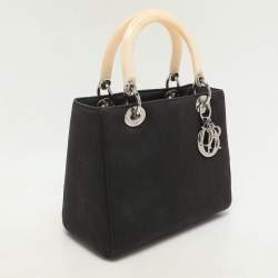 Dior Black Canvas Medium Lady Dior Tortoise Handle Tote