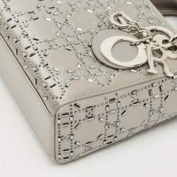 Pre Owned Dior Grey Cannage Satin Mini Beads Lady Dior Tote