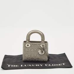 Pre Owned Dior Grey Cannage Satin Mini Beads Lady Dior Tote