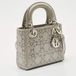 Pre Owned Dior Grey Cannage Satin Mini Beads Lady Dior Tote
