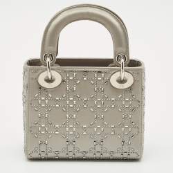 Pre Owned Dior Grey Cannage Satin Mini Beads Lady Dior Tote