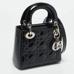 Pre Owned Dior Black Cannage Patent Leather Mini Lady Dior Tote