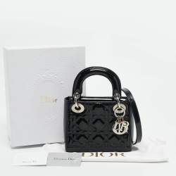 Pre Owned Dior Black Cannage Patent Leather Mini Lady Dior Tote