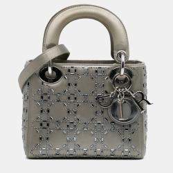 Pre Owned Dior Grey Mini Satin Cannage Strass Crystal Embellished Lady Dior