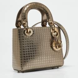 Pre Owned Dior Gold Microcannage Patent Leather Mini Lady Dior Tote