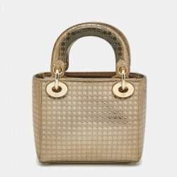Pre Owned Dior Gold Microcannage Patent Leather Mini Lady Dior Tote