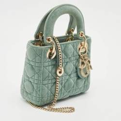 Pre Owned Dior Green Cannage Velvet Mini Lady Dior Tote