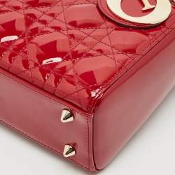 Pre Owned Dior Red Cannage Patent Leather Small Lady Dior Tote