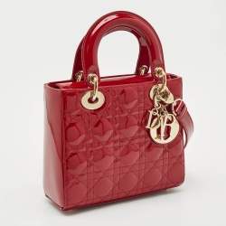 Pre Owned Dior Red Cannage Patent Leather Small Lady Dior Tote
