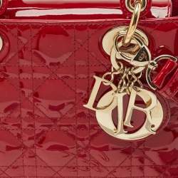 Pre Owned Dior Red Cannage Patent Leather Small Lady Dior Tote