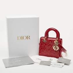 Pre Owned Dior Red Cannage Patent Leather Small Lady Dior Tote