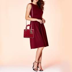 Pre Owned Dior Red Cannage Patent Leather Small Lady Dior Tote