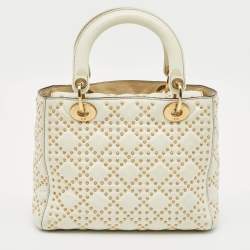 Pre Owned Dior White Cannage Leather Medium Studded Lady Dior Tote