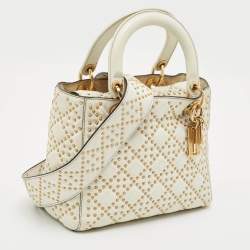 Pre Owned Dior White Cannage Leather Medium Studded Lady Dior Tote