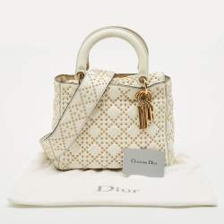 Pre Owned Dior White Cannage Leather Medium Studded Lady Dior Tote