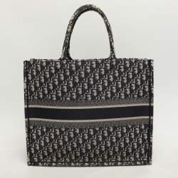 Pre Owned Dior Navy Blue Oblique Embroidered Canvas Large Book Tote