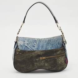 Pre Owned Dior Blue/Black Speedway Denim Double Saddle Bag