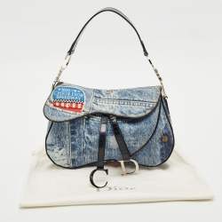 Pre Owned Dior Blue/Black Speedway Denim Double Saddle Bag