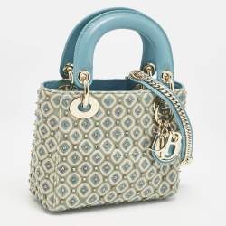 Dior Blue/White Fabric Mini Crystal Studded Lady Dior Tote