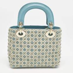 Dior Blue/White Fabric Mini Crystal Studded Lady Dior Tote