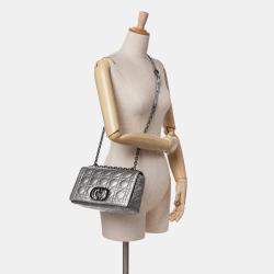 Pre Owned Dior Silver Medium Metallic Calfskin Cannage Supple Caro Bag