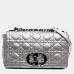 Pre Owned Dior Silver Medium Metallic Calfskin Cannage Supple Caro Bag