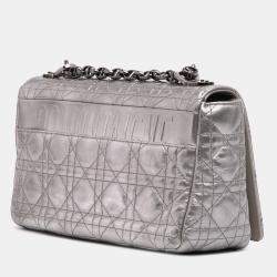 Pre Owned Dior Silver Medium Metallic Calfskin Cannage Supple Caro Bag