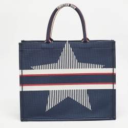 Pre Owned Dior Navy Blue Embroidered Canvas Large New Alps Book Tote