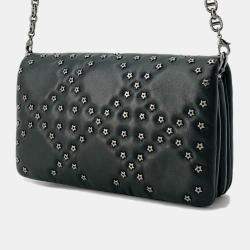Dior Black Leather Caro Star Studded Flap Wallet On Chain 